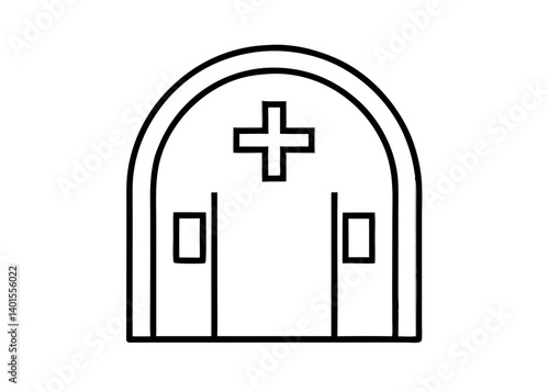 Healthcare Icon: A straightforward outline of a hospital entrance, featuring double doors and a prominent medical cross, offering a visual shorthand for health and care.