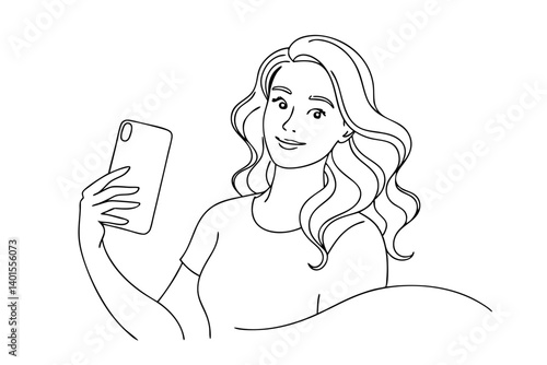 Girl Capturing Selfie Line Art Style