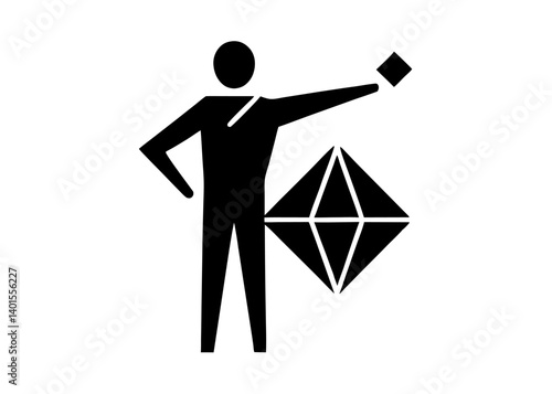 Iconic Guidance: An abstract silhouette of a person directs attention toward a geometrically perfect diamond shape, a symbol of authority.