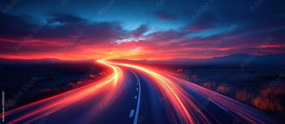 Dramatic sunset over a highway with vibrant light trails. Dramatic sunset over a highway with vibrant light trails.