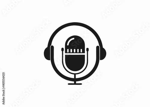 Podcast Recording: A clean, stylized representation of a podcast recording setup featuring a microphone and headphones. Conveying the essential elements of audio capture and broadcast.
