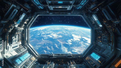 A stunning view of Earth from within a futuristic spacecraft, framed by intricate metallic structures and glowing lights