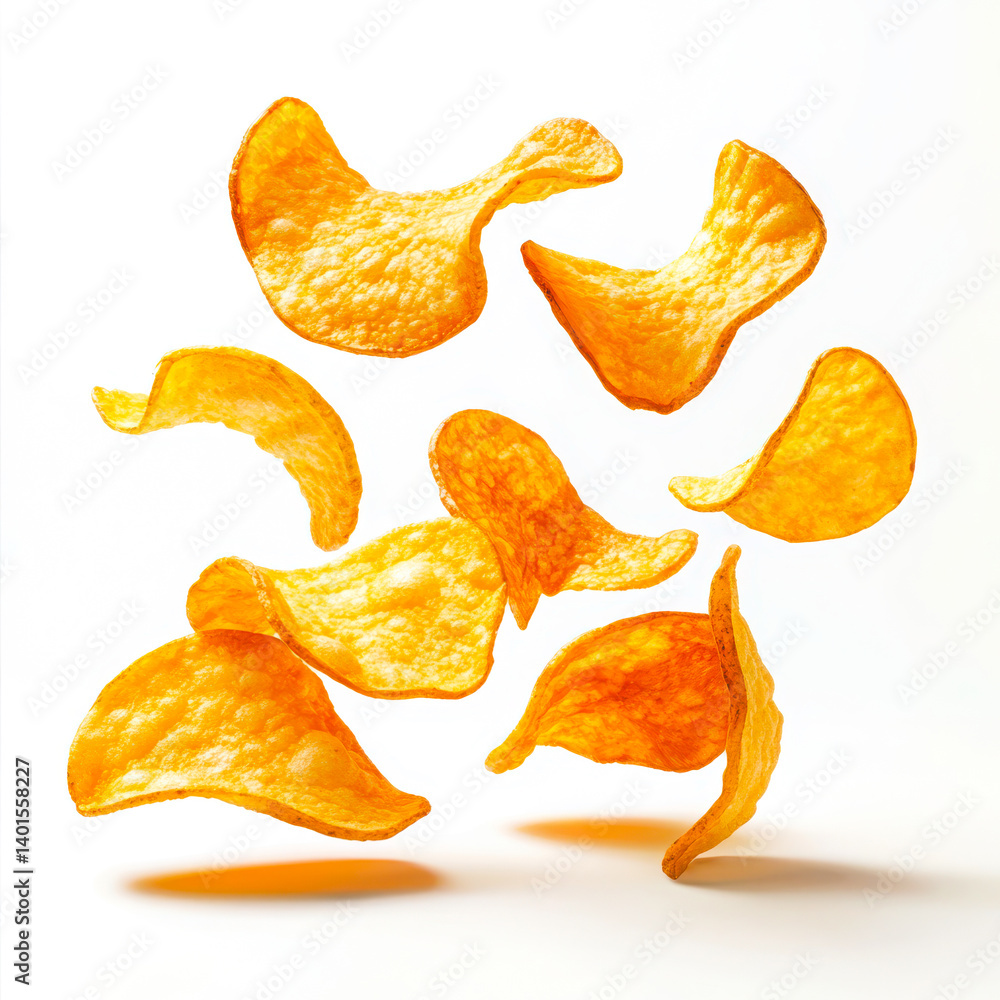 Floating potato chips snack isolated on white background Floating potato chips snack isolated on white background