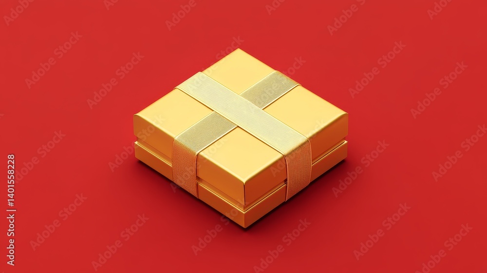 Obraz premium Bright Gold Gift Box on a Red Surface With a Lovely Ribbon, Perfect for Celebrations or Special Occasions