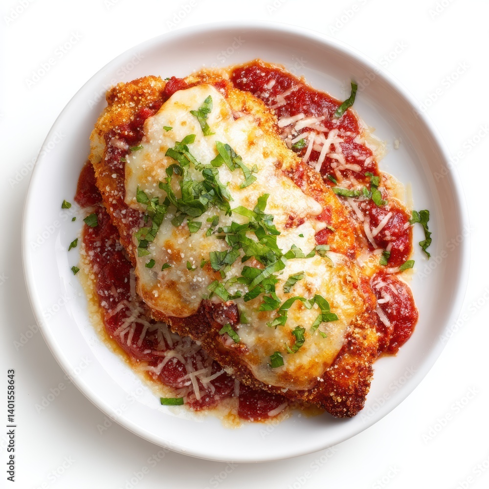 Close up of chicken parmesan on a plate with tomato sauce and herbs isolated on white background Close up of chicken parmesan on a plate with tomato sauce and herbs isolated on white background