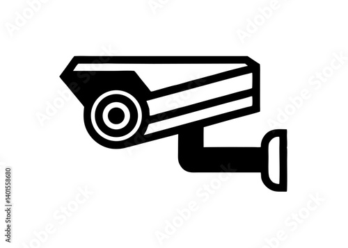 Surveillance Camera Icon: A simplified, graphic rendering of a surveillance camera, depicted in monochrome, designed to represent security, monitoring, and vigilance.