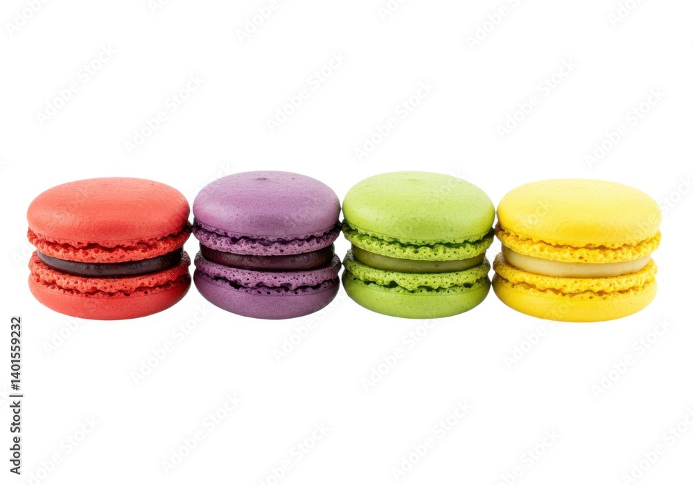 A row of colorful macarons in red purple green and yellow colors A row of colorful macarons in red purple green and yellow colors