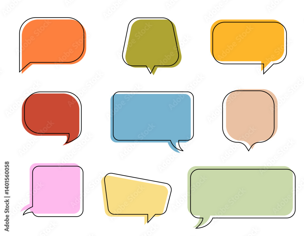 Colorful speech bubble balloon in blue, green, pink, red, orange, yellow. doodle text box, flat design, comic vector illustration, empty speech bubbles, blank dialog box, chat, 