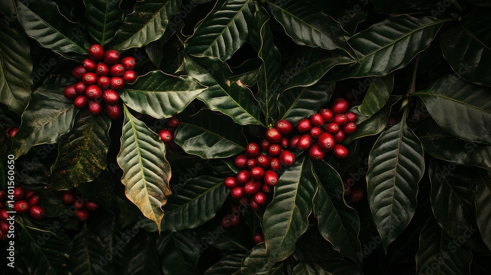Obraz premium Fresh Coffee Cherries on Lush Green Coffee Leaves in a Tropical Plantation During Harvest Season