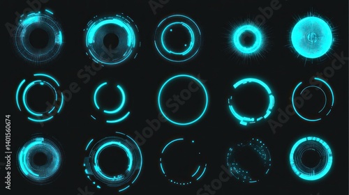 Abstract futuristic neon glowing circles and segmented graphic elements