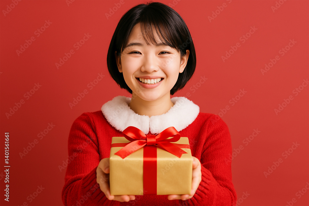 プレゼントを持つクリスマス衣装の日本人女性 プレゼントを持つクリスマス衣装の日本人女性