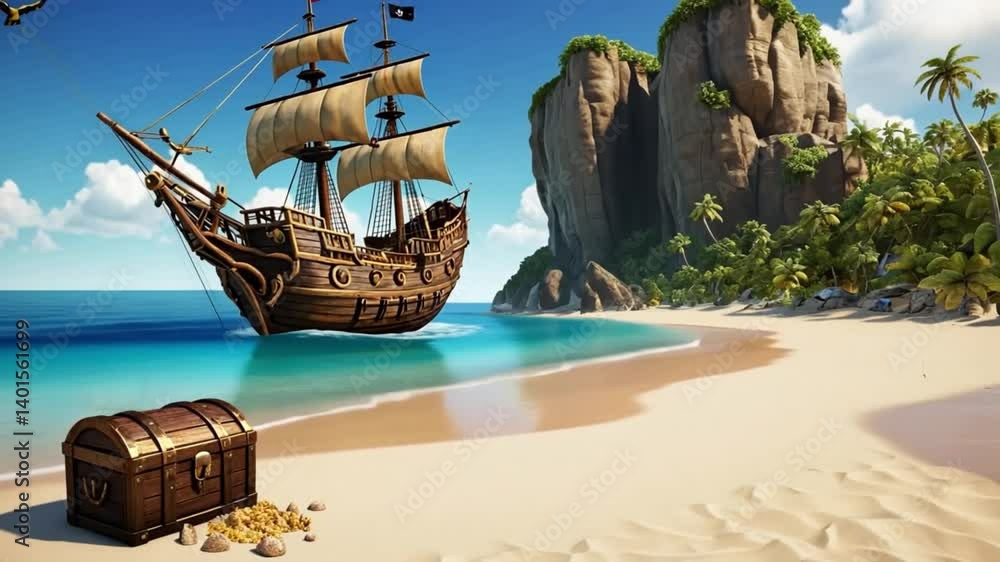A pirate ship anchored near a tropical island with a treasure chest and a colorful parrot on the beach
