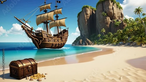A pirate ship anchored near a tropical island with a treasure chest and a colorful parrot on the beach