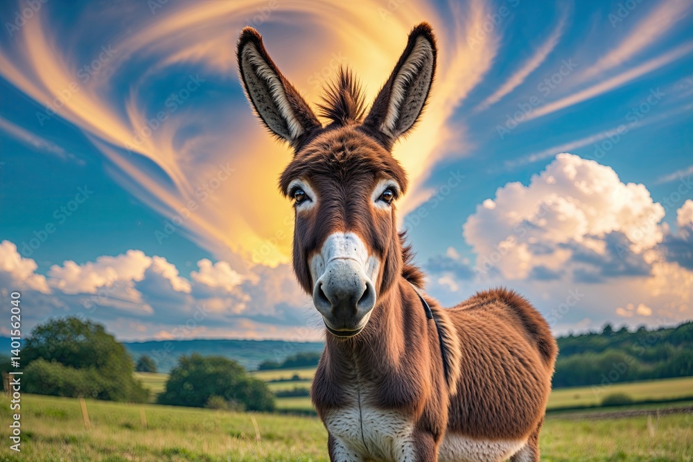 Charming Donkey Posing Against Colorful Cloud Backdrop in Picturesque Countryside Landscape Charming Donkey Posing Against Colorful Cloud Backdrop in Picturesque Countryside Landscape