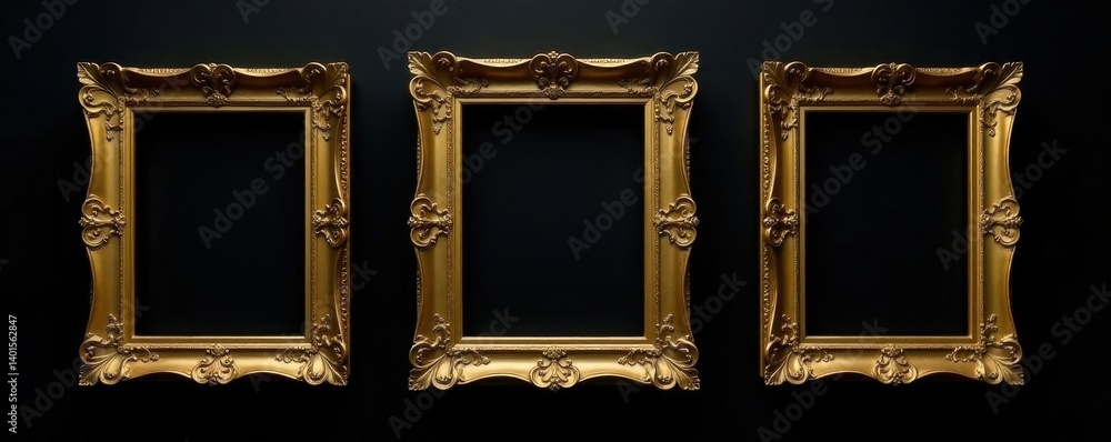 Three ornate gold picture frames against a stark black background, design element, home decor Three ornate gold picture frames against a stark black background, design element, home decor