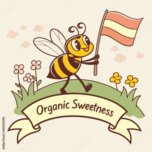 Bee mascot with banner for organic honey brand design
