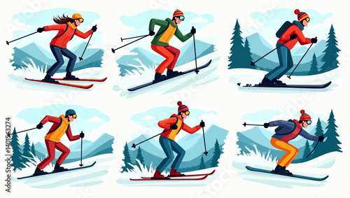  Vector collection of six skiers descending snow-covered slopes with dynamic winter backgrounds.