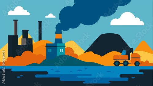 Industrial Waste Dump A factory scene where dark smoke is billowing into the air while waste is being dumped into a nearby river emphasizing pollution and the neglect of clean