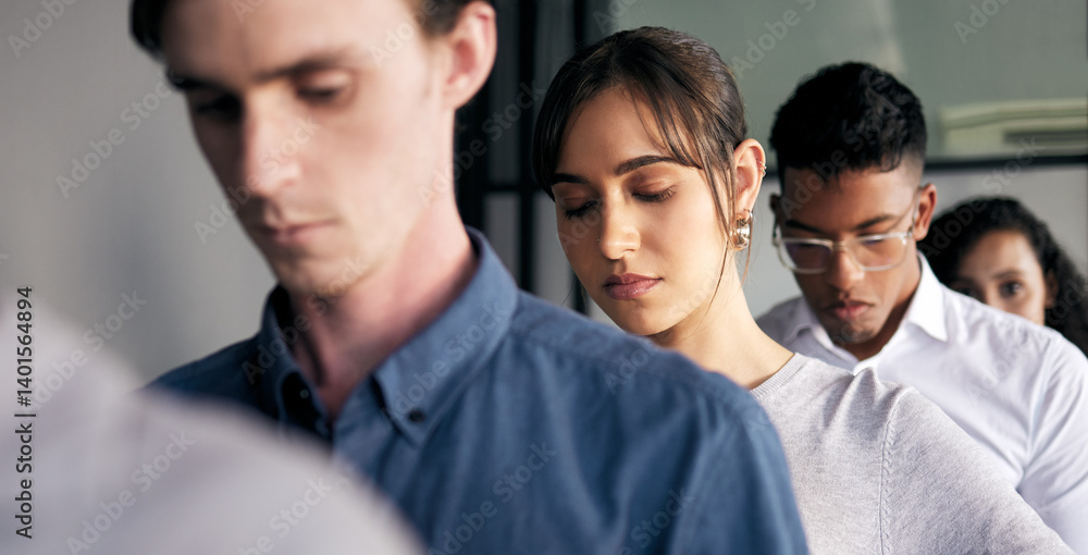 Business, people and waiting in office or line together, hr recruitment queue for company workplace. Professional, hiring and employee and onboarding and agency vacancy, interview and worker