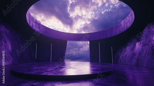 Abstract purple structure with cloud-like formations inside circular openings and mirrored floor.