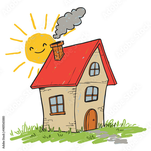 cheerful house with smoke and sun in a playful style  