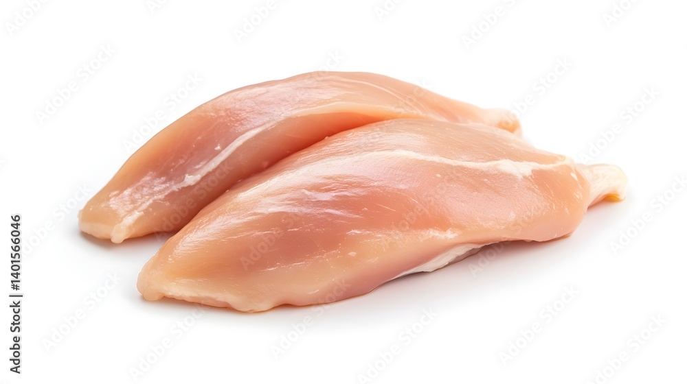 Raw chicken breast fillets displayed on a white background ready for cooking or meal preparation Raw chicken breast fillets displayed on a white background ready for cooking or meal preparation