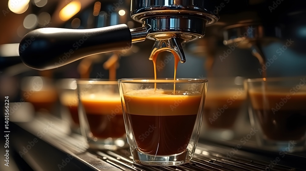 Espresso Machine Pouring Golden Crema into Glass Cups Espresso Machine Pouring Golden Crema into Glass Cups