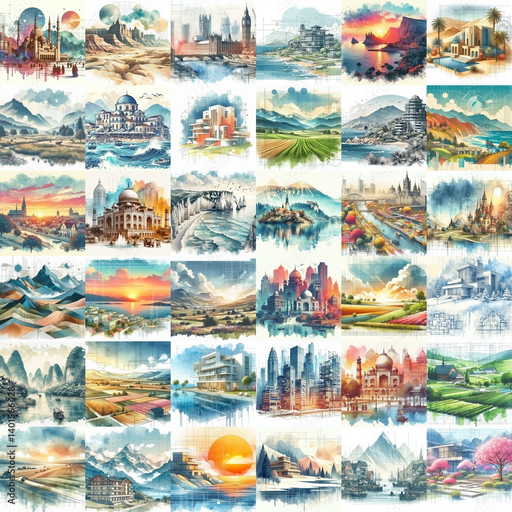 Different landscapes. Watercolor drawing. AI generated illustration Different landscapes. Watercolor drawing. AI generated illustration