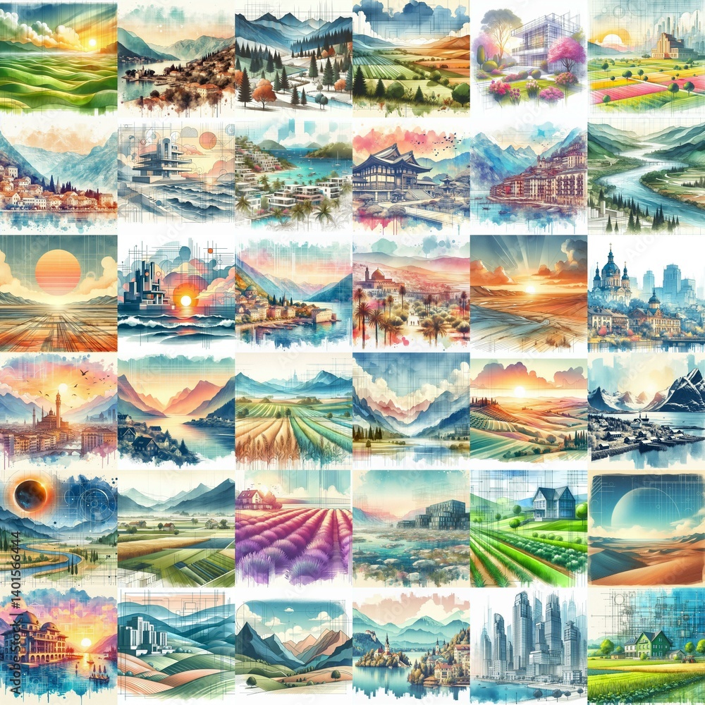 Different landscapes. Watercolor drawing. AI generated illustration Different landscapes. Watercolor drawing. AI generated illustration