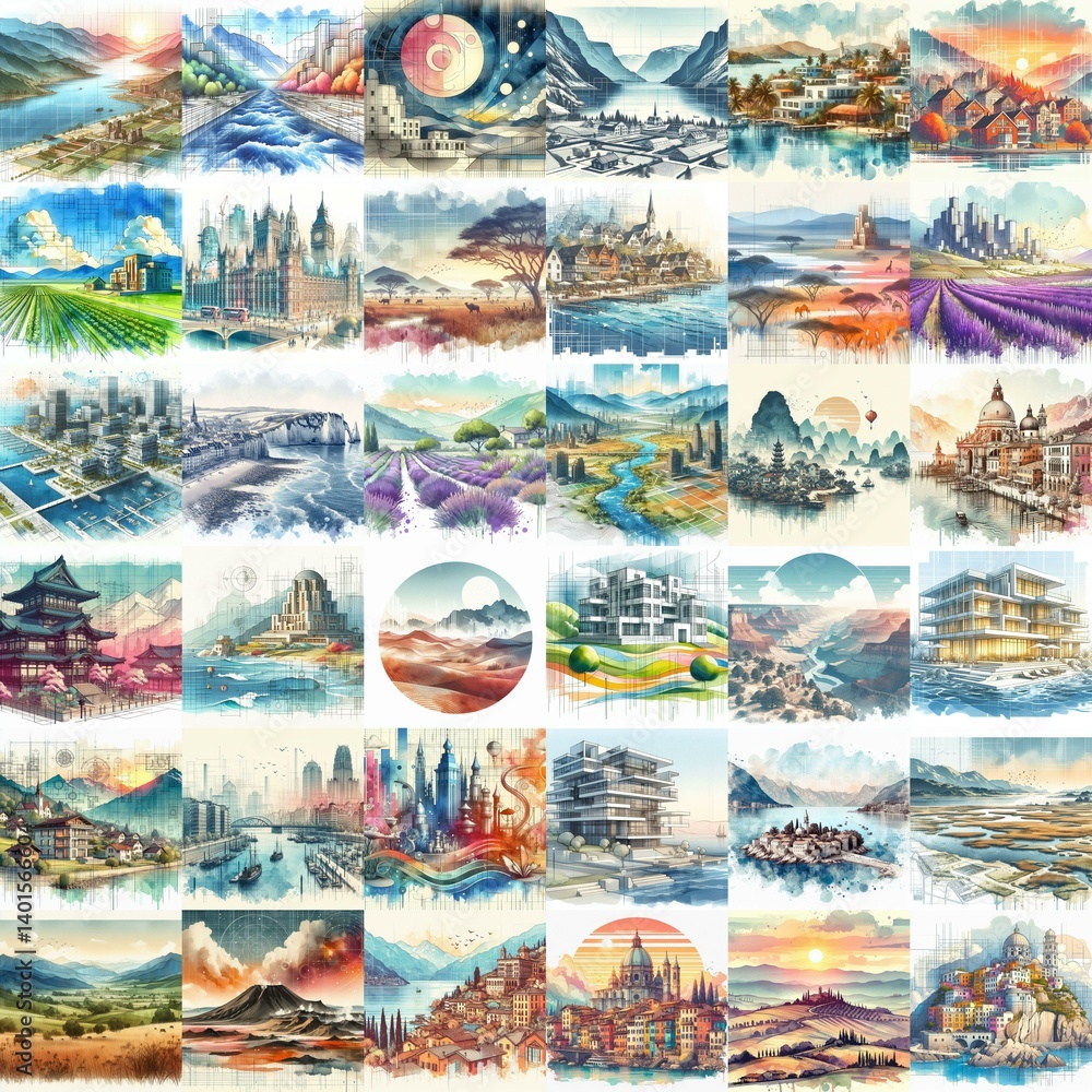 Different landscapes. Watercolor drawing. AI generated illustration Different landscapes. Watercolor drawing. AI generated illustration