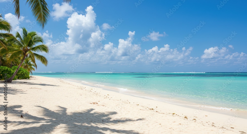 Tropical beach scene with white sand turquoise water and palm trees on sunny day. Tropical beach scene with white sand turquoise water and palm trees on sunny day.