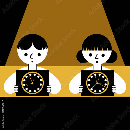 Kids Learning Time Vector Illustration with Clocks and Spotlights

