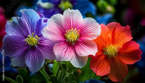Trio of vivid flowers in purple, pink, and orange hues in vibrant garden setting