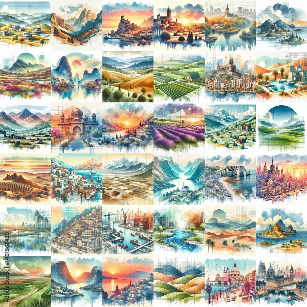 Different landscapes. Watercolor drawing. AI generated illustration Different landscapes. Watercolor drawing. AI generated illustration