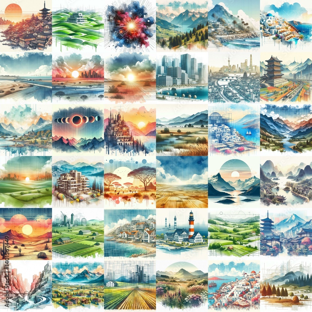 Different landscapes. Watercolor drawing. AI generated illustration Different landscapes. Watercolor drawing. AI generated illustration