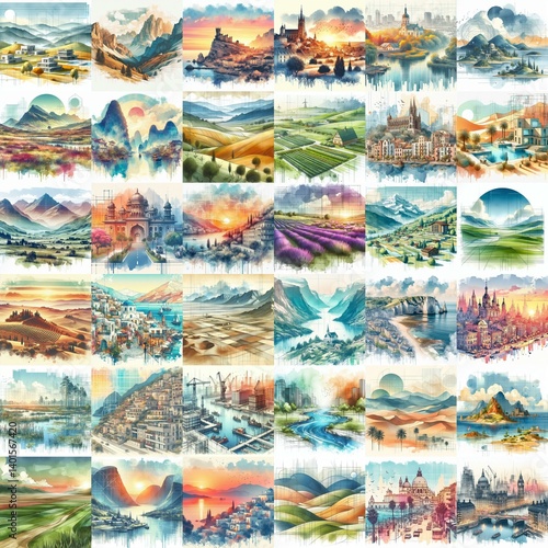 Wallpaper Mural Different landscapes. Watercolor drawing. AI generated illustration Torontodigital.ca