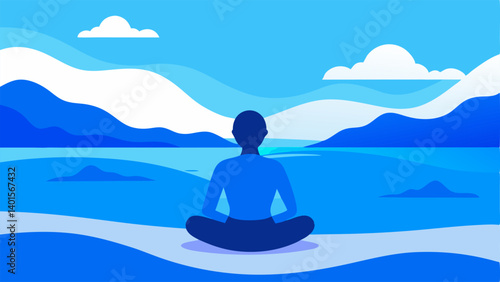 Wallpaper Mural Blue and Calm A serene blue beach scene with gentle waves and a person meditating illustrating how blue promotes tranquility and relaxation. Torontodigital.ca
