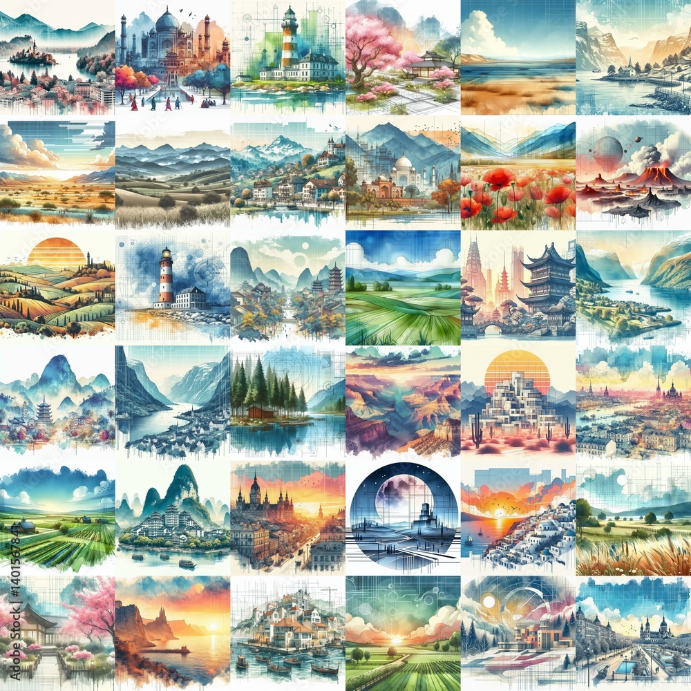 Different landscapes. Watercolor drawing. AI generated illustration Different landscapes. Watercolor drawing. AI generated illustration