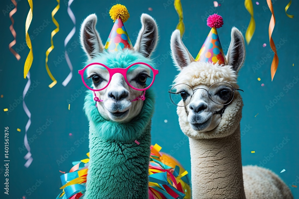 Fototapeta premium Teal Llama and Alpaca with Funky Glasses and Party Hat Surrounded by Colorful Streamers on Aqua Background