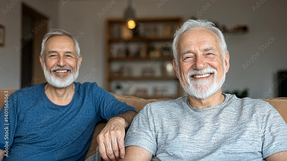 Two smiling elderly men sitting comfortably on a couch in a cozy living room setting Two smiling elderly men sitting comfortably on a couch in a cozy living room setting