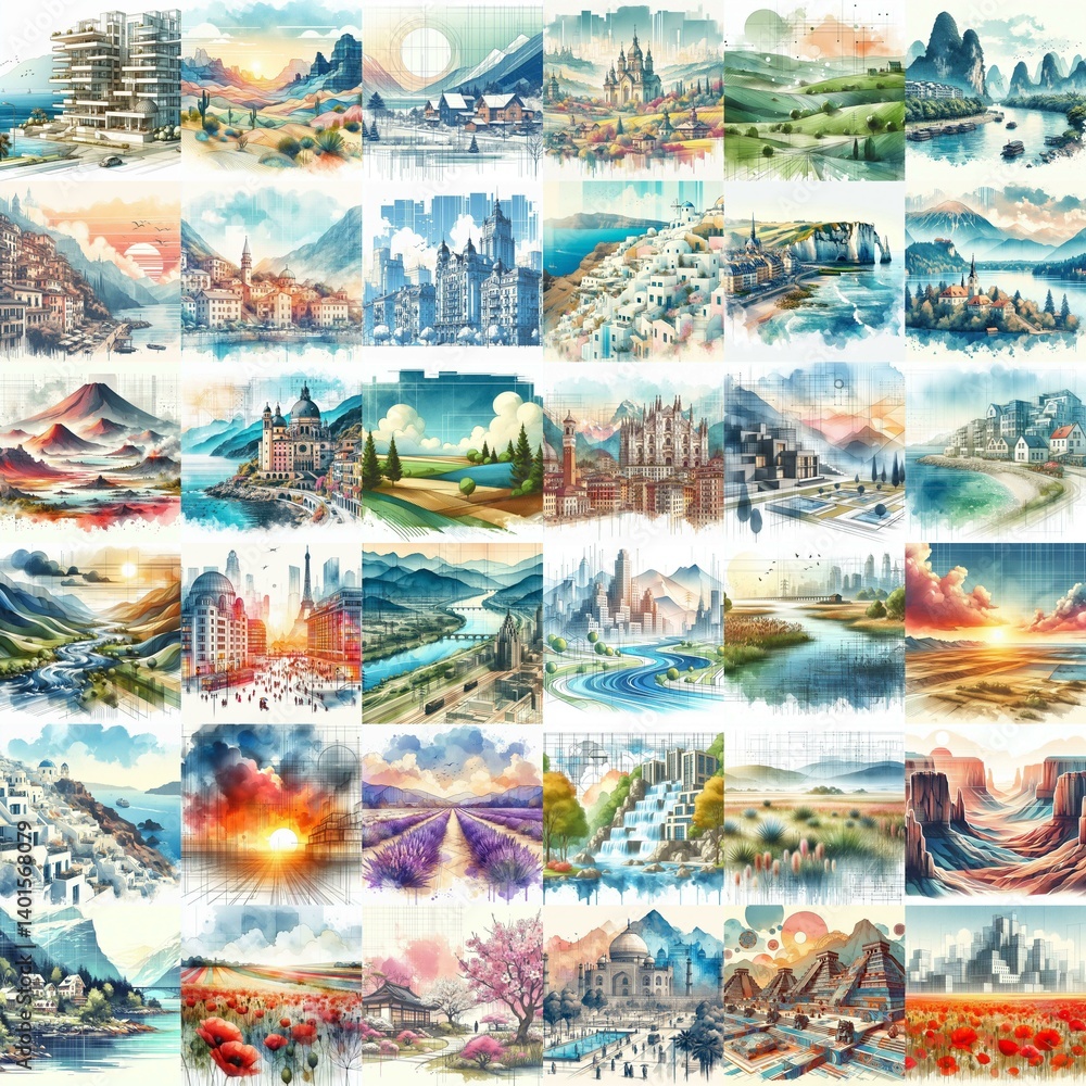 Different landscapes. Watercolor drawing. AI generated illustration Different landscapes. Watercolor drawing. AI generated illustration