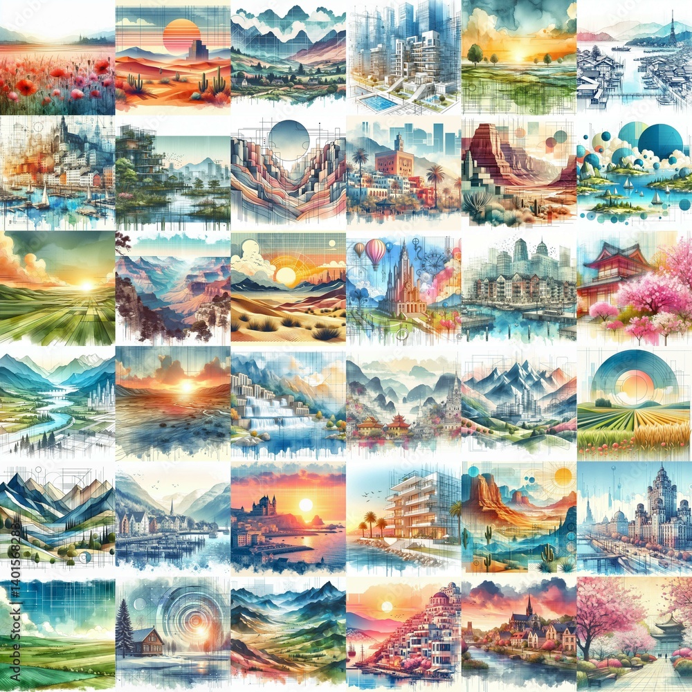 Different landscapes. Watercolor drawing. AI generated illustration Different landscapes. Watercolor drawing. AI generated illustration