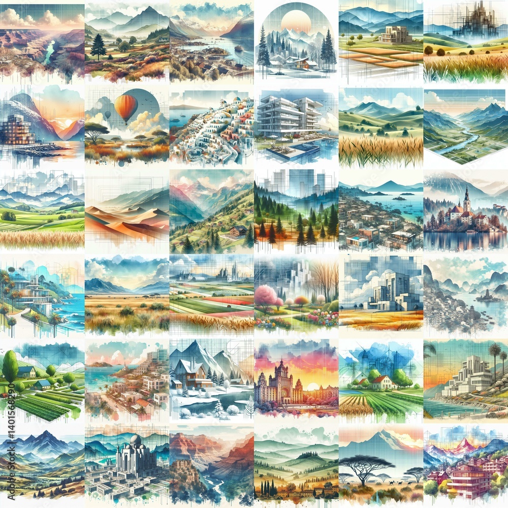 Different landscapes. Watercolor drawing. AI generated illustration Different landscapes. Watercolor drawing. AI generated illustration