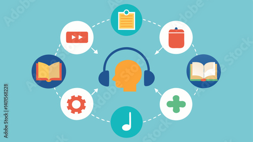 Obraz na płótnie Learning Style Icons A collage of learning style icons like books for reading headphones for auditory learning and puzzles for kinesthetic orbiting a central AI symbol representing w salonie
