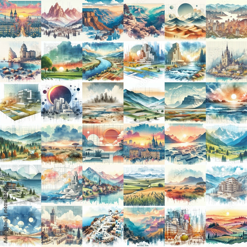 Different landscapes. Watercolor drawing. AI generated illustration Different landscapes. Watercolor drawing. AI generated illustration