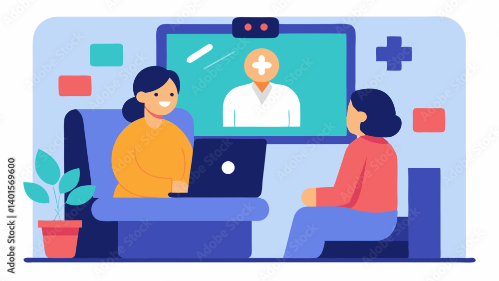 Telemedicine Consultation A patient sitting in a cozy living room engaging in a video call with a physician displayed on a large screen highlighting remote healthcare delivery. Telemedicine Consultation A patient sitting in a cozy living room engaging in a video call with a physician displayed on a large screen highlighting remote healthcare delivery.