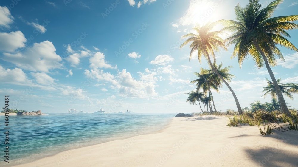 Beautiful Tropical Beach With Palm Trees, Crystal Clear Water, and Lush Mountains in the Background During a Sunny Day Beautiful Tropical Beach With Palm Trees, Crystal Clear Water, and Lush Mountains in the Background During a Sunny Day