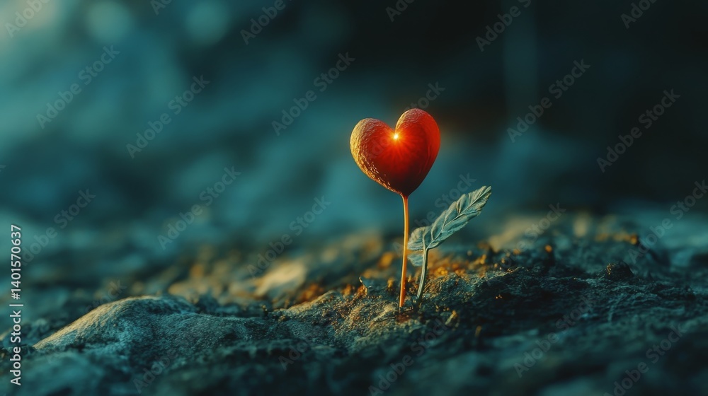 Fototapeta premium Blooming Flower Emerging From Dark Soil in a Tranquil Forest Under Soft Light During Early Morning Hours