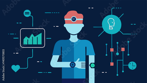 Health Monitoring Wearables An illustration of a person wearing smart devices watch and band that monitor vital signs with a glowing AI figure in the background analyzing data.