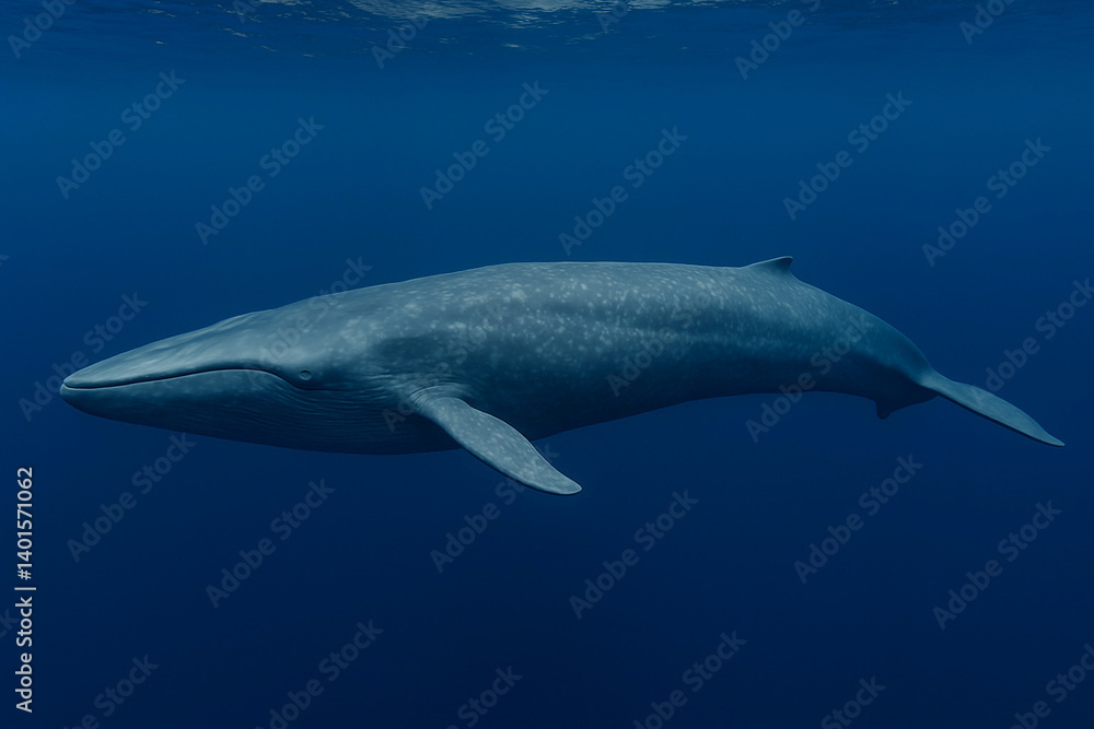 Fototapeta premium A photo of a blue whale swimming majestically beneath the ocean surface. Its massive body and smooth skin with gray-blue hues are highlighted by the rays of sunlight penetrating the clear water